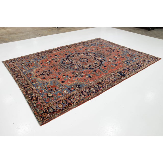 Persian Room-Sized Antique Persian Heriz Rug in Red Wool Featuring a Medalllion Motif For Sale - Image 3 of 9