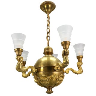 Art Deco Bronze and Frosted Glass Chandelier, 1920 For Sale