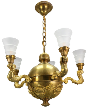 Art Deco Bronze and Frosted Glass Chandelier, 1920