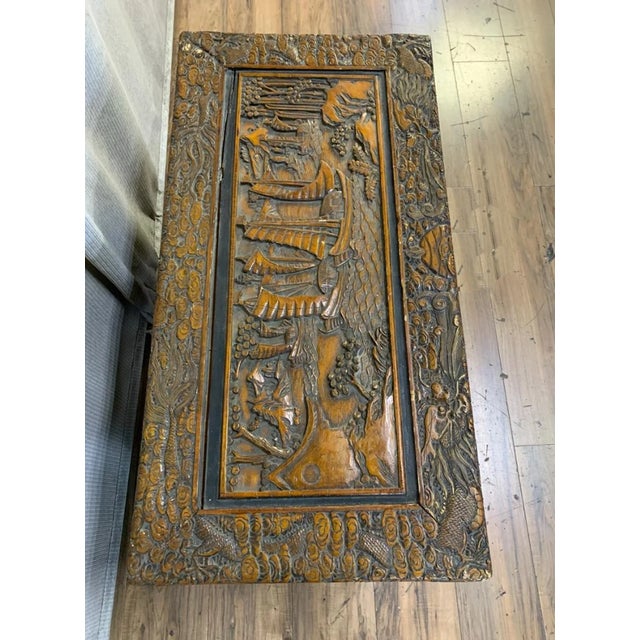 Vintage Chinese Camphor Chest Trunk or Coffee Table Hand Carved W Boats Ships For Sale In Los Angeles - Image 6 of 9