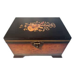 Vintage Burl & Ebonized Wooden Keepsake Box Musical Motif Brass For Sale