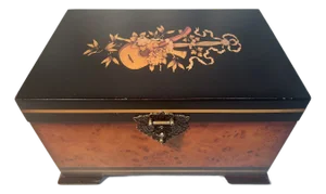 Vintage Burl & Ebonized Wooden Keepsake Box Musical Motif Brass