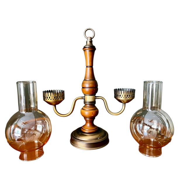 Wood Vintage Brass and Wood Candelabra With Two Hurricane Glass Shades For Sale - Image 7 of 18