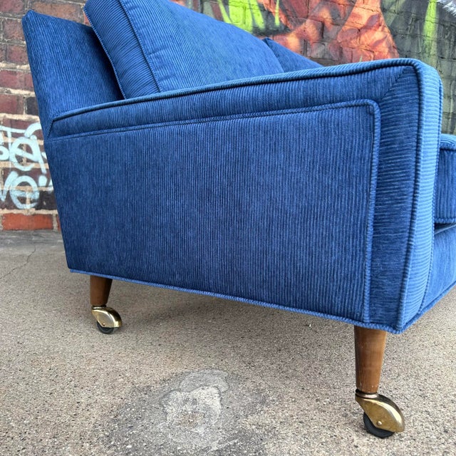 Mid 20th Century Mid Century Modern Sofa Reupholstered Blue Corduroy on Casters Possibly Selig For Sale - Image 5 of 11