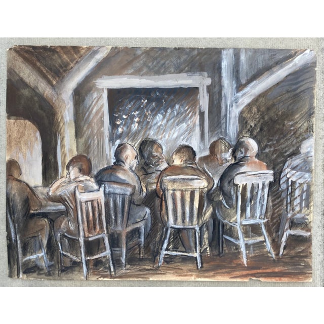 1940s gouache with oil pastel several men seated at a table. Unsigned.