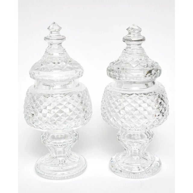 Pair of Waterford cut glass lead crystal horse racing lidded jars apothecary jar trophies. Each are engraved an signed on...