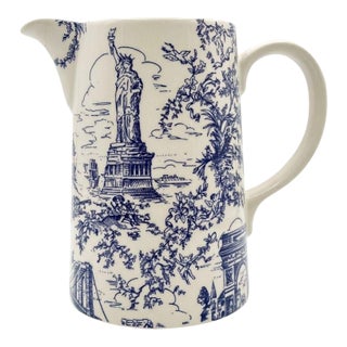 Signed Tiffany & Co. Blue and White New York City Toile Ceramic Pitcher For Sale