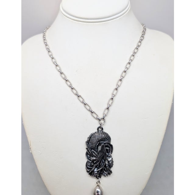 1970s Vintage 1972 Signed Napier Silvertone Dragon Tassel Pendant Necklace For Sale - Image 5 of 7