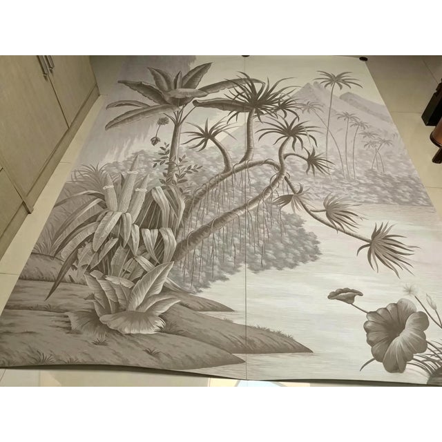 Chinoiserie Hand-Painted Monochrome Tropical Jungle Chinoiserie Mural For Sale - Image 3 of 5
