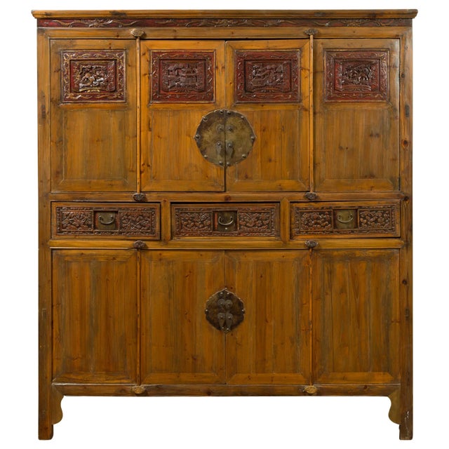 Large Chinese Qing Elm Armoire with Carved Motifs and Red Lacquered Accents For Sale - Image 13 of 13