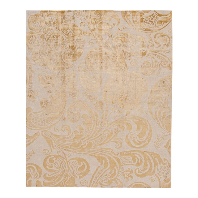Beige Contemporary Designed Tibetan Wool and Silk Rug For Sale