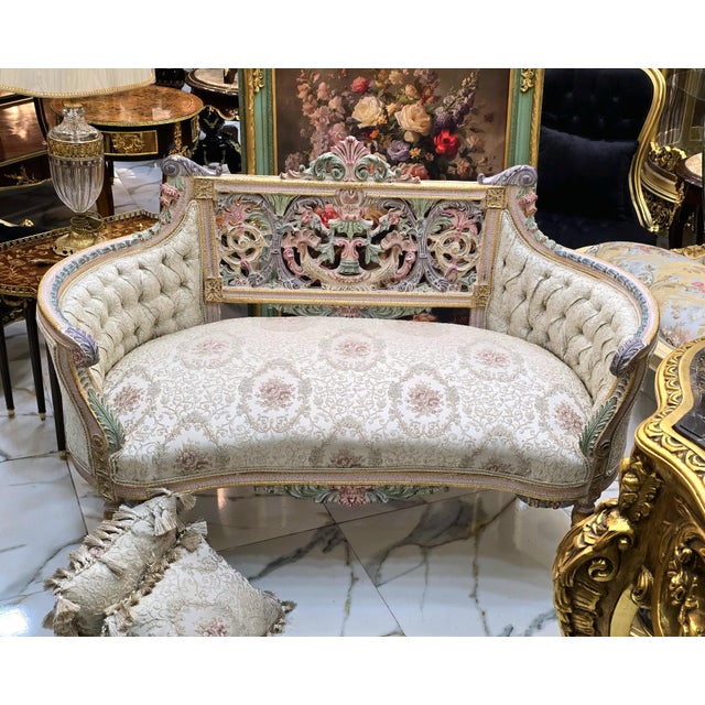 2020s French Rococo-Style Sofa – Pastel Floral Upholstery With Ornate Gold Leaf & Carved Frame For Sale - Image 5 of 6