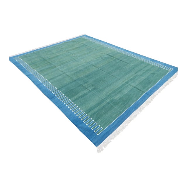 Handmade Green and Blue Geometric Cotton Rug-12'x15' For Sale