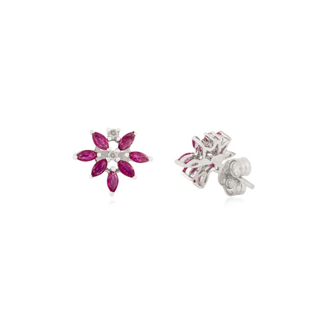 Vintage-Style Sterling Silver Marquise Cut Ruby Diamond Flower Earrings- 2 Pieces For Sale - Image 4 of 11