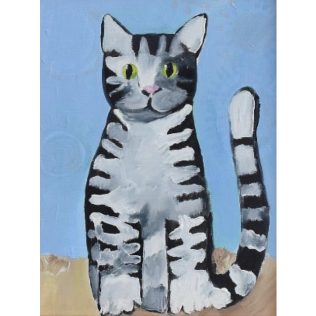 Original Folk Art Tabby Cat Kitten Oil Painting Including the Antiqued ...