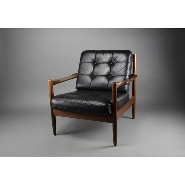 Mid-Century Danish Black Leather and Wood Lounge Chair by Grete Jalk, 1955 For Sale - Image 12 of 13