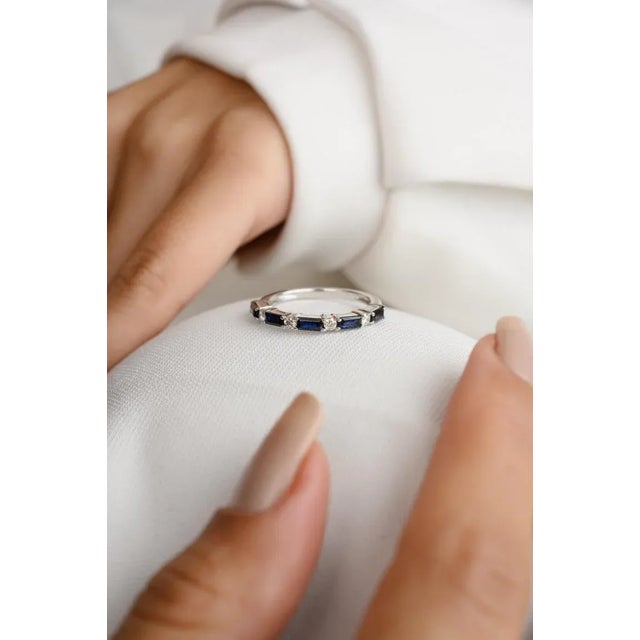 Blue Sapphire and Diamond Dainty Band Ring in 18k White Gold Ring Size 11 For Sale - Image 9 of 9