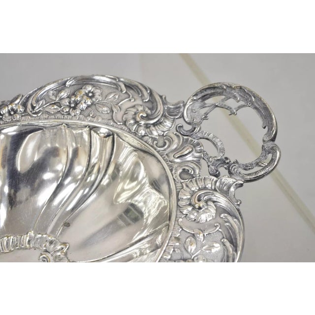 Vintage English Victorian Floral Repousse Ornate Twin Handle Footed Dish Bowl For Sale In Philadelphia - Image 6 of 12