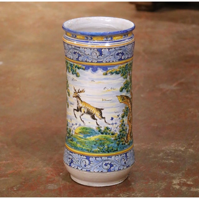 Mid-Century Italian Hand-Painted Majolica Umbrella Stand With Hunt Scene For Sale - Image 4 of 14