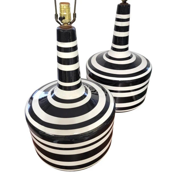 Large Mid-Century Modern Black and White Striped Ceramic Pottery Lamps Italian Glazed Pottery Absolutely Gorgeous HUGE!!!...