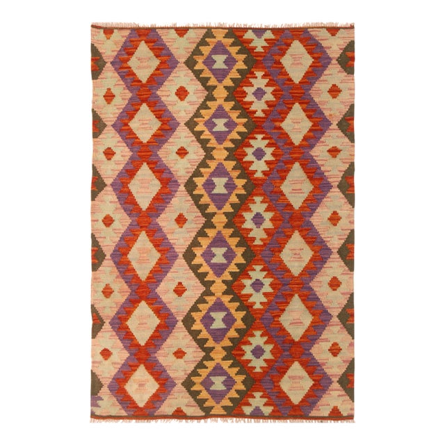 Shabby Chic Abstract Kilim Red Pink Wool Rug - 3'5" X 5'1" For Sale