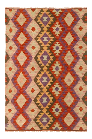 Shabby Chic Abstract Kilim Red Pink Wool Rug - 3'5" X 5'1"