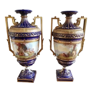 Pair of 19th Century Sevres Porcelain Hand Painted Cobalt & Gilt Decorated Urns