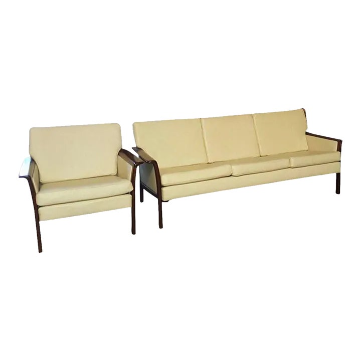 1960s Vintage Danish Modern Hans Olsen White Leather Sofa & Chair a