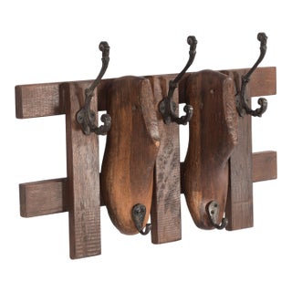 Antique Wood Shoe Last Wall Hook Rack | Rustic Reclaimed Timber Coat Hanger | Unique Industrial Entryway Organizer |Handmade Farmhouse Decor For Sale