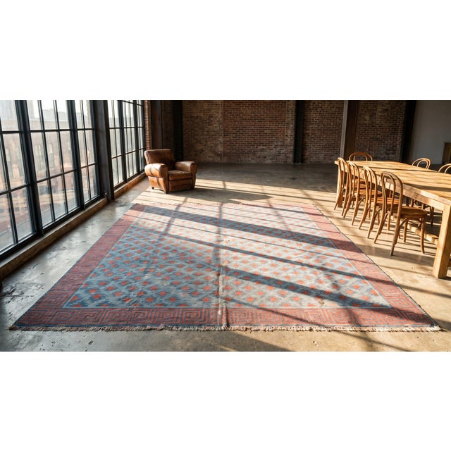 Astonishing Wave Fret Border With Red Diamond Design Square Indian Cotton Dhurrie Rug For Sale - Image 9 of 9