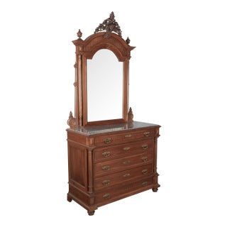 Italian Walnut Marble Top Dresser and Mirror For Sale