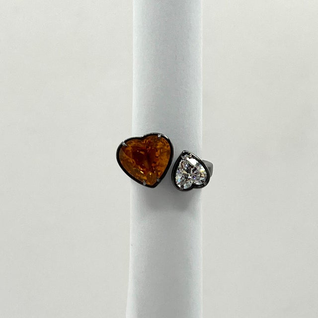 2020s Gia Orange Sapphire Heart & Diamond Ring in 18k Yellow Gold & Black Rhodium, Size 6.5 For Sale - Image 5 of 9