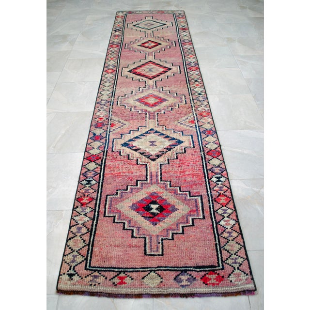 1960s Runner Rug Turkish Hand-Knotted Rug Pink Hallway Decor Kitchen Runner 3x10 Ft Approx For Sale - Image 6 of 14