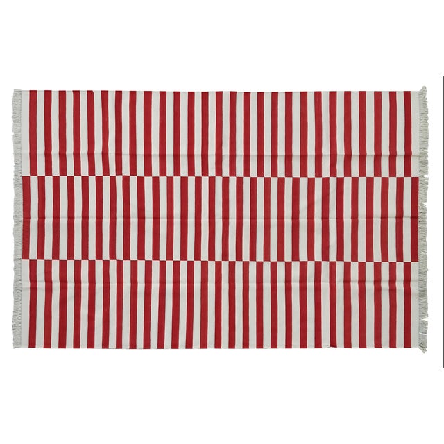 Handmade Cotton Striped Rug, Red and White - 9'x12' For Sale - Image 9 of 10