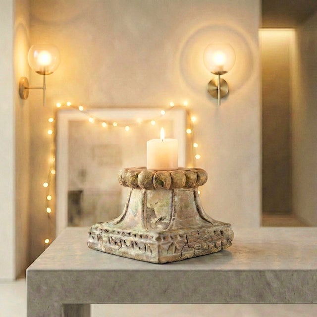 Dimensions: 6" W x 6" D x 6" H Salvaged base of a column has been thoughtfully upcycled into a candleholder.