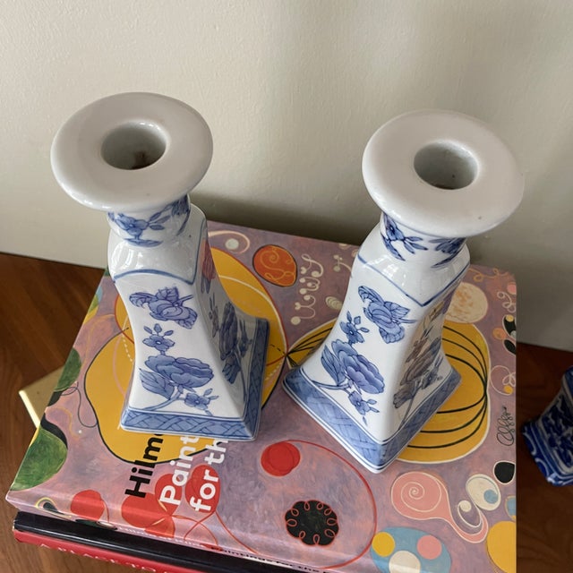Chinoiserie Blue & White Candle Holders a Pair Chairish