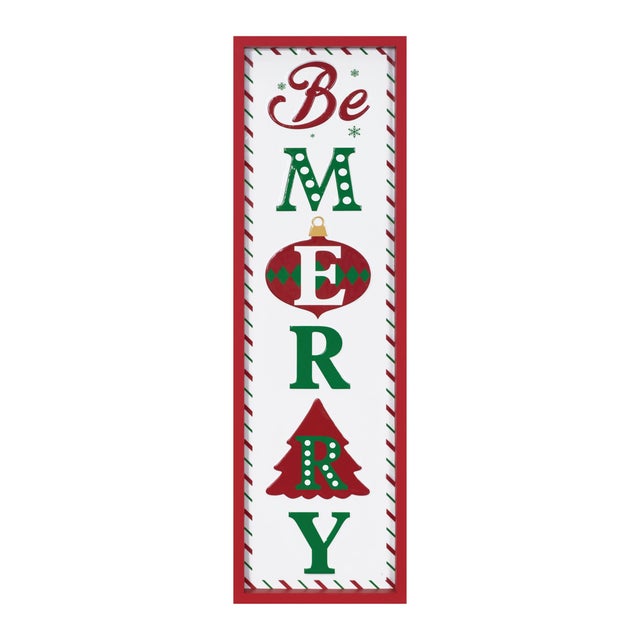 Spread holiday cheer with this Metal Be Merry Sentiment Sign, featuring bold red and green tones with a vibrant red wood...