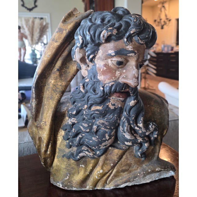 Very early polychrome decorated bust of man....possibly a religious figure.. This is very old and very as is.