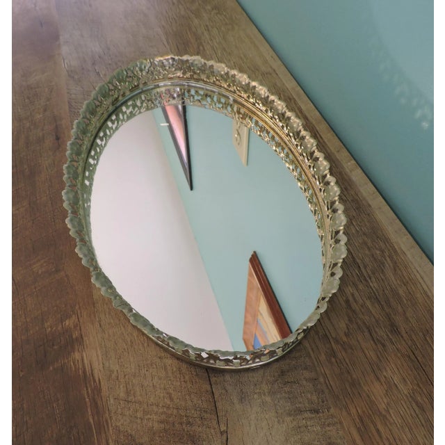 Vintage Metal Filigree Large Oval Mirror Vanity Tray Brass Finish For Sale - Image 12 of 18