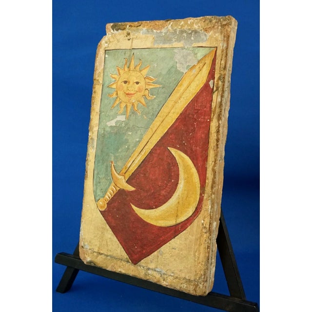 Blue 16th Century Renaissance Ceramic Tile with Heraldic Coat of Arms with Sun and Moon from the Abbey of Mirasole Milan, Italy For Sale - Image 8 of 18