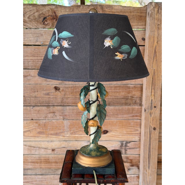 Late 20th Century Vintage Italian Tole Lemon Table Lamp by Sarreid With Hand Painted Signed Shade For Sale - Image 5 of 12