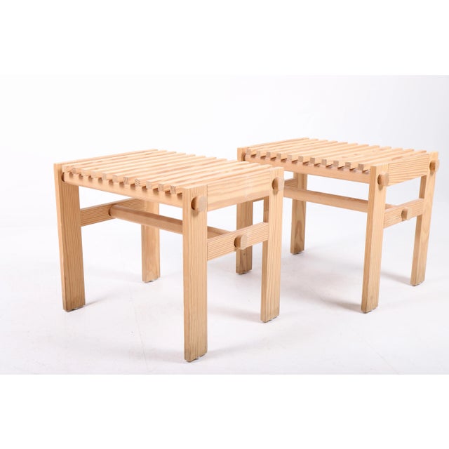 Pair of side tables / stools in solid pine. Designed and made in Scandinavia in the 1970s. Great original condition.