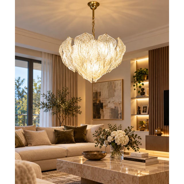 Gold 1980s Italian Amazing Large Murano Glass Gold Leaves Chandelier For Sale - Image 8 of 14
