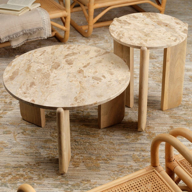 The tendua stone used to top these tables has stood the test of time. The legs are formed of mango wood in a soft finish...