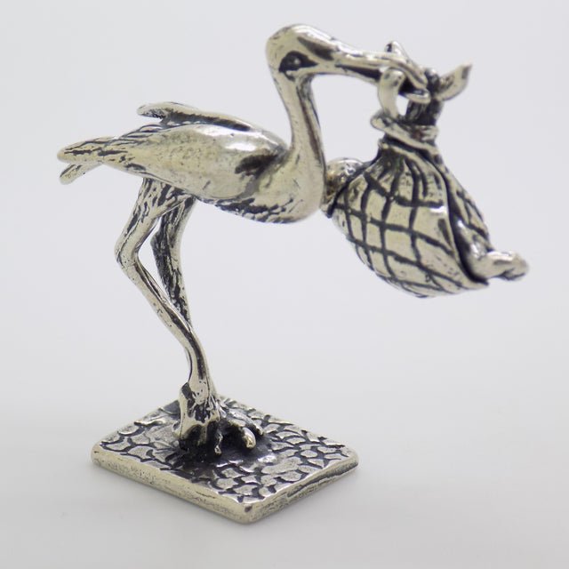 Vintage Italian Handmade Genuine Silver Stork With Newborn Baby Figurine Sculpture Miniature For Sale - Image 4 of 10