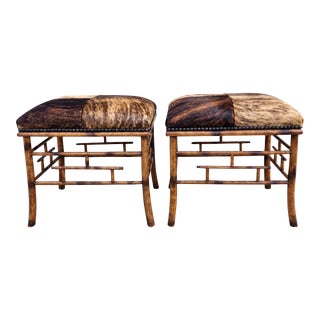Vintage Faux Bamboo & Cowhide Upholstery Ottomans-A Pair For Sale