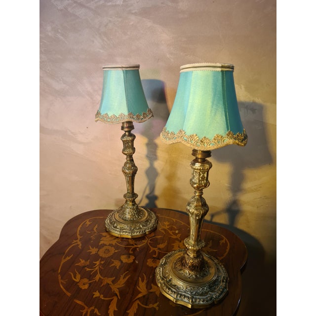 Metal Chiseled Bronze Bedside Lamps, 1900, Set of 2 For Sale - Image 7 of 8