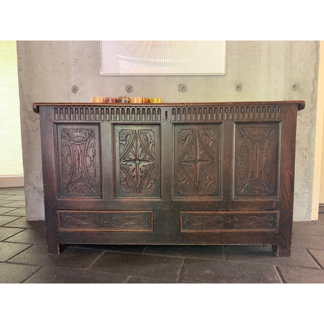 Beautiful 17th century chest, original patina, two drawers function but no pulls or key retained. Lid opens to reveal...