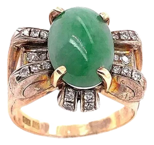 18 Karat Yellow Gold Oval Jade Solitaire Ring With Diamond Accents, Size 9