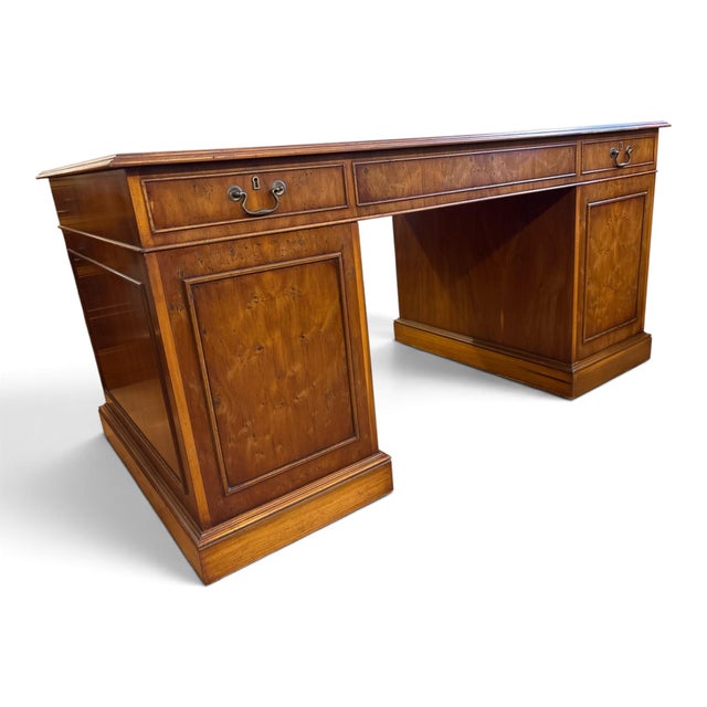 Brown Twin Pedestal Desk with Burgundy Leather Top For Sale - Image 8 of 9